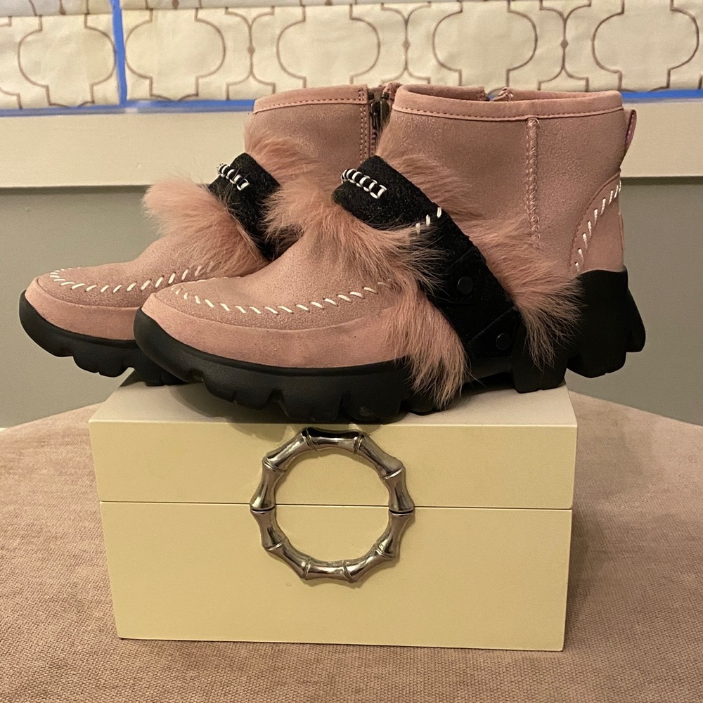 UGG Fluff ankle Boots with Faux Fur Trim in pink crystal.